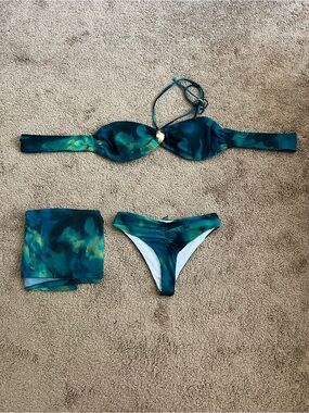 Fashion Nova Teal Green Marble Bandeau Bikini Set with Sarong
